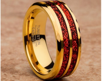 Yellow Gold Tungsten Ring,Red Glitter Wedding Ring,8mm Wedding Ring,Tungsten Carbide Ring,Engagement Ring,Unique Tungsten Ring,Red Ring