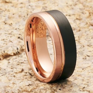 Rose Gold Tungsten Wedding Ring,Black Wedding Ring,18k Rose Gold,Tungsten Carbide Ring,Men & Women,Black Wedding Ring,Brush Finish
