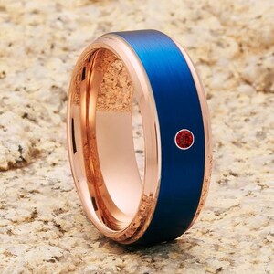 Blue Tungsten Wedding Ring,Ruby Wedding Band,Tungsten Carbide Ring,Engagement & Anniversary,Beveled Edges,Unique Tungsten Ring,Comfort Fit