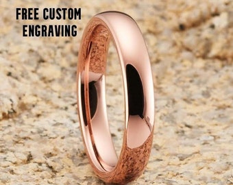 Bague en tungstène or rose, tungstène or rose 4 mm, or rose 18 carats, carbure de tungstène, homme et femme, bague d'anniversaire, bague de fiançailles, bague dôme