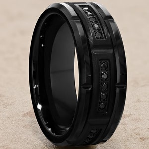 8mm Black Wedding Ring,Tungsten Carbide Ring,Engagement,Anniversary,Black CZ Wedding Band,Man&#39;s Wedding Ring,CZ Diamond Wedding Ring,Brush