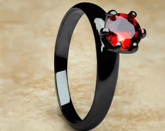 Robijn solitaire trouwring, trouwring titanium, solitaire dames, jubileum en verloving, ring in unieke stijl, brons donkergrijs