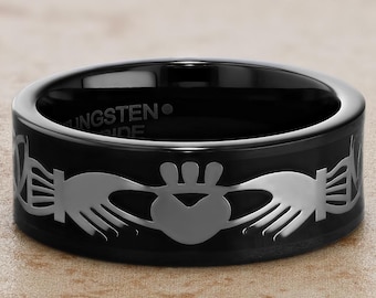 Claddagh-trouwring, zwarte wolfraamring, comfortabele pasvorm, heren- en damesring, unieke zwarte ring, platte wolfraamring, jubileum, verloving