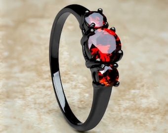 Zwarte titanium ring, Ruby CZ Solitaire verlovingsring, zwarte titanium ring, verlovingsring, jubileumring, trouwring dames, rode edelstenen