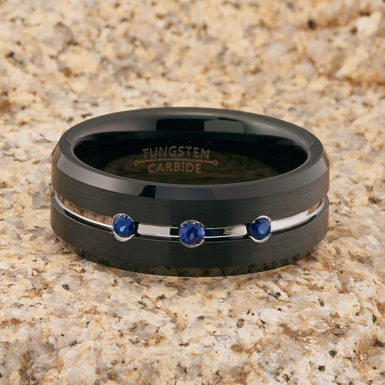 Blue Sapphire Tungsten Ring Black Tungsten Ring Men & Etsy
