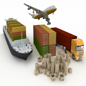 May include: A cargo ship, airplane, and semi-truck transport goods. The ship carries containers stacked on its deck. An airplane flies overhead. A semi-truck hauls a container. Cardboard boxes are scattered on the ground, suggesting packaging and delivery.