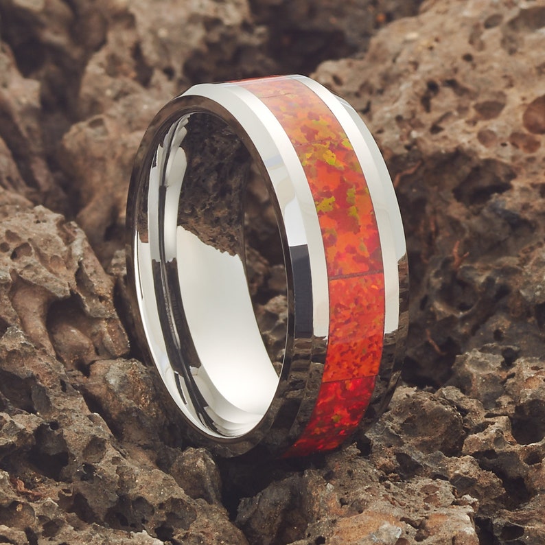 Ola Wedding Ring,Tungsten Wedding Ring,Red Opal Ring,Tungsten Carbide Ring,8mm Tungsten Ring,Engagement Ring,8mm Tungsten Wedding Ring