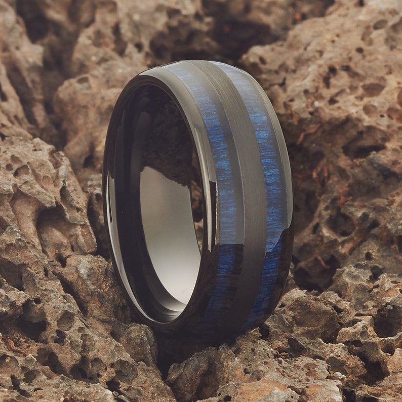 Black Tungsten Wedding Ring,Blue Exotic Wood,Tungsten Wedding Ring,Black Wedding Ring,Anniversary Ring,Unique Tungsten Ring,Tungsten Band image 1