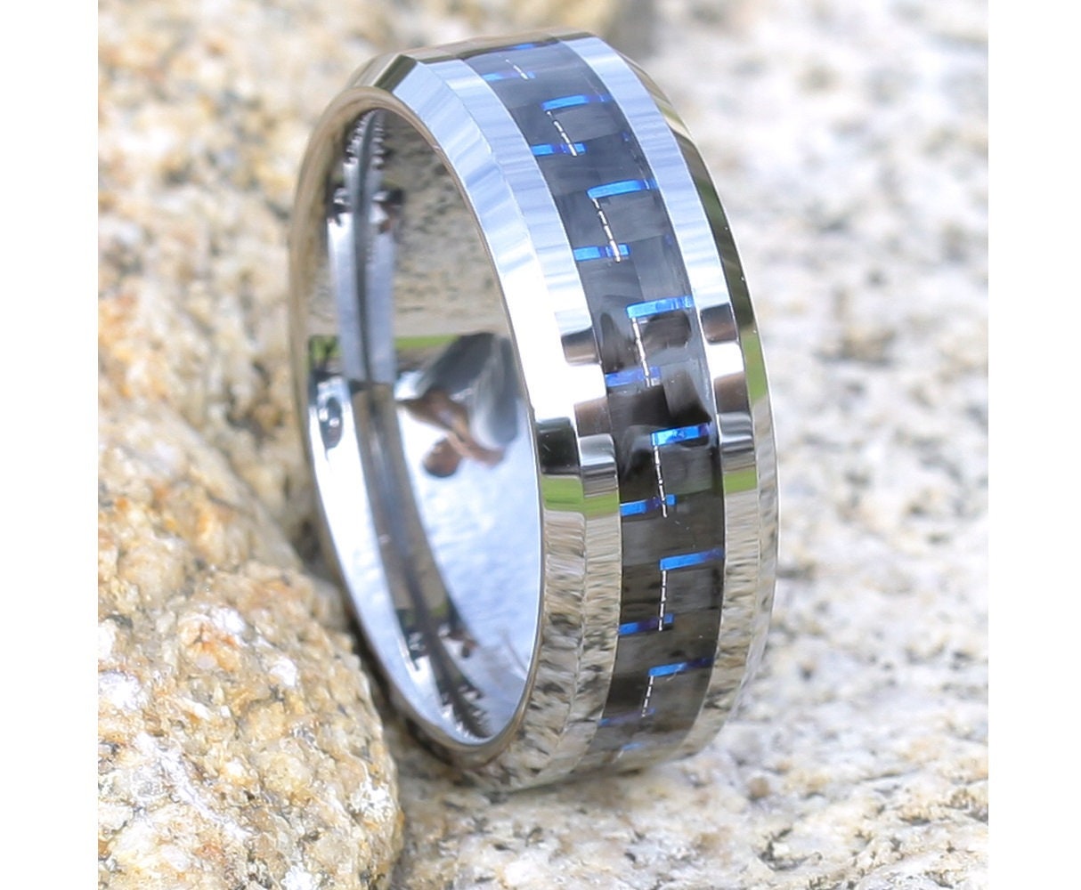 Men's wedding band blue carbon fiber stainless steel 8mm sale