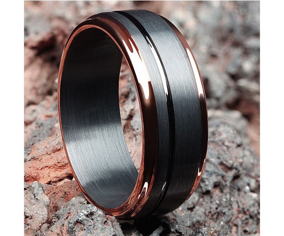 Tungsten Wedding Engagement Anniversary Bridal Band Gold IP Grooved Stripes Ring 