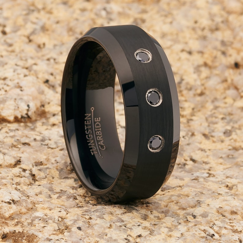 Black Diamond Tungsten Ring Black Tungsten Wedding Band Etsy