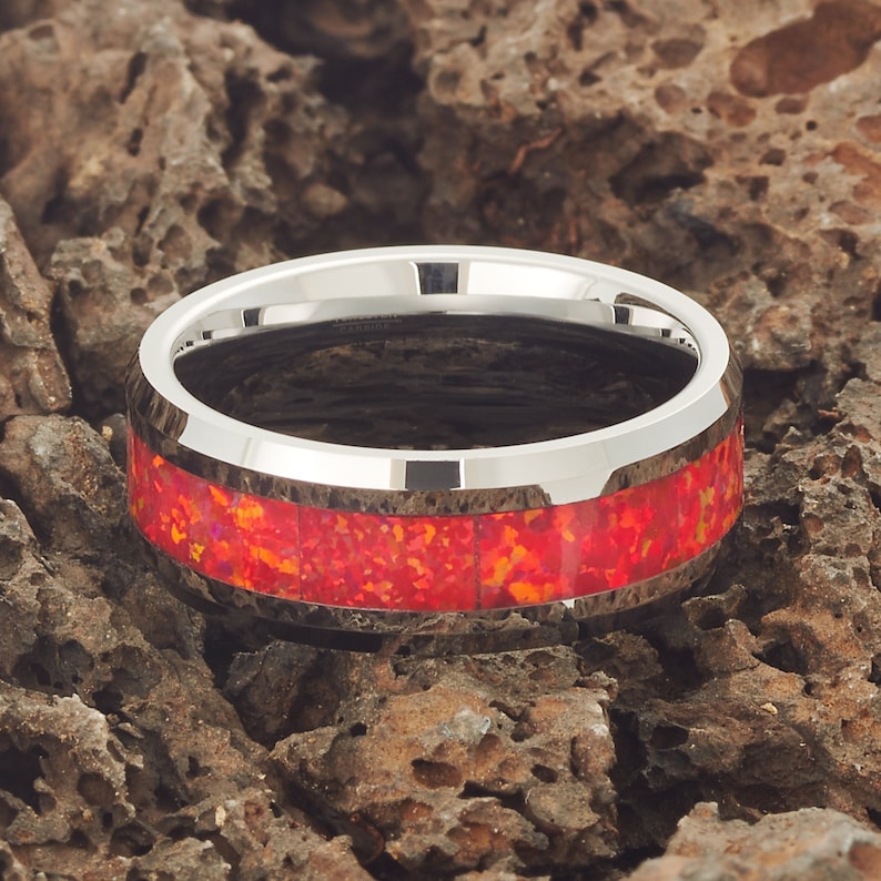 Ola Wedding Ring,Tungsten Wedding Ring,Red Opal Ring,Tungsten Carbide Ring,8mm Tungsten Ring,Engagement Ring,8mm Tungsten Wedding Ring