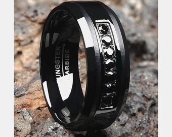 Zwarte trouwring, afgeschuinde randen, wolfraamcarbide ring, jubileumring, verlovingsring, Comfort Fit-ring, unieke wolfraamring, heren- en damesring