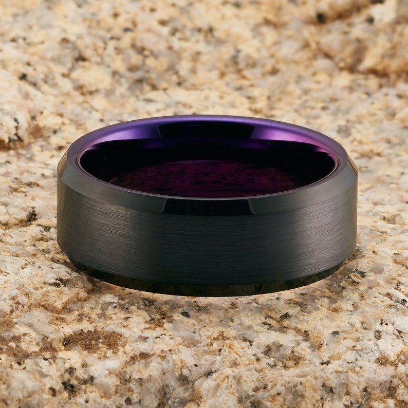 Purple Tungsten Ring Black Tungsten Ring Purple Wedding Etsy
