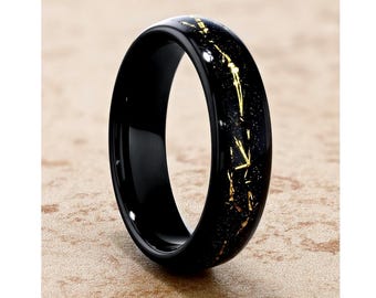 6mm Black Tungsten Wedding Ring,Gold Meteorite Imitation Inlay,Women's Wedding Band,Anniversary & Engagement,Comfort Fit,Dome Shape