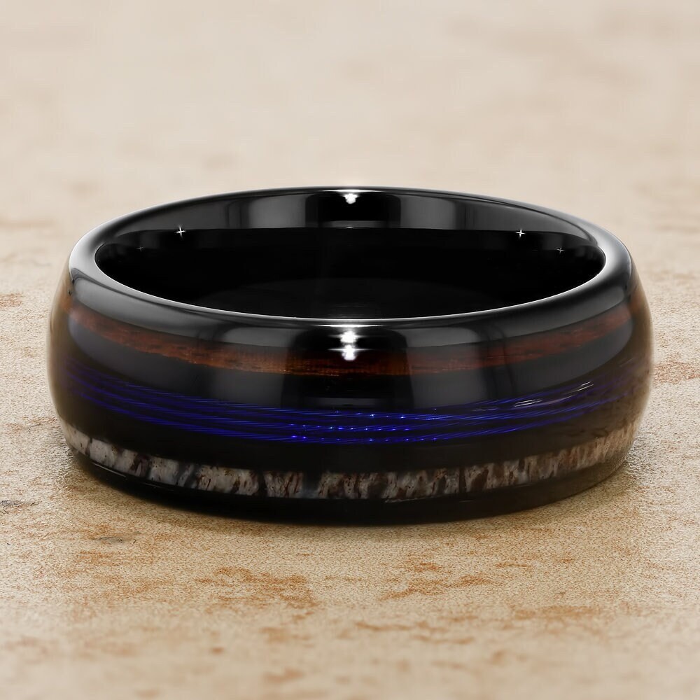 Anello In Corno Di Cervo In Tungsteno Nero: Fede Nuziale Rustica, 8 Mm