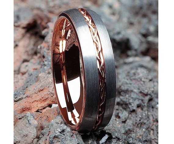 Rose Gold Wedding Band gunmetal Wedding Ring tungsten Wedding Band 18k Rose Gold tungsten Carbide anniversary Ring braid Wedding Ring Etsy