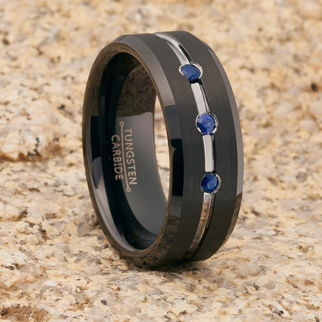 Blue Sapphire Tungsten Ring Black Tungsten Ring Men & Women Tungsten ...
