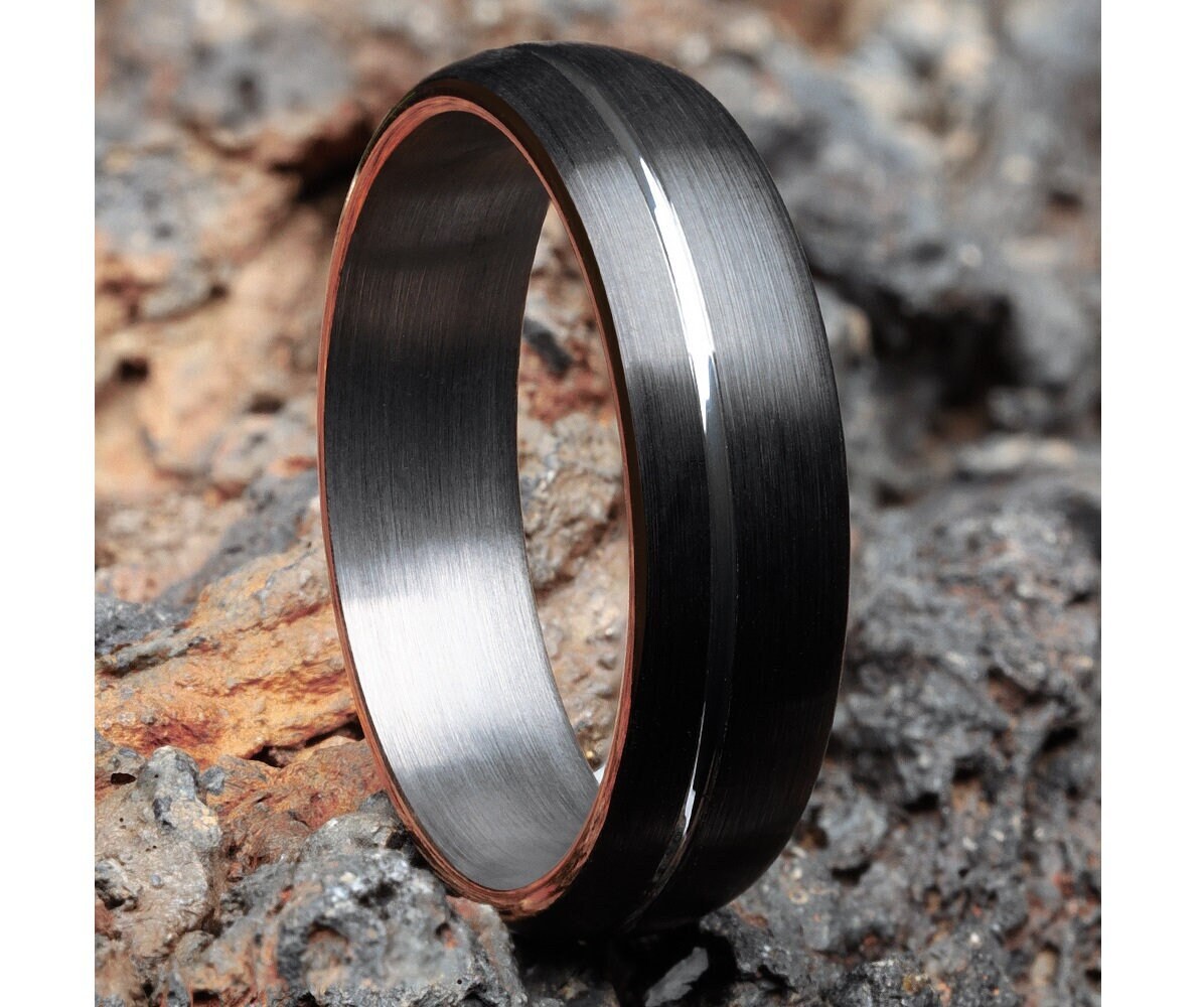 Gunmetal Black Tungsten Wedding Ring: Rose Gold Edges, Silver Groove
