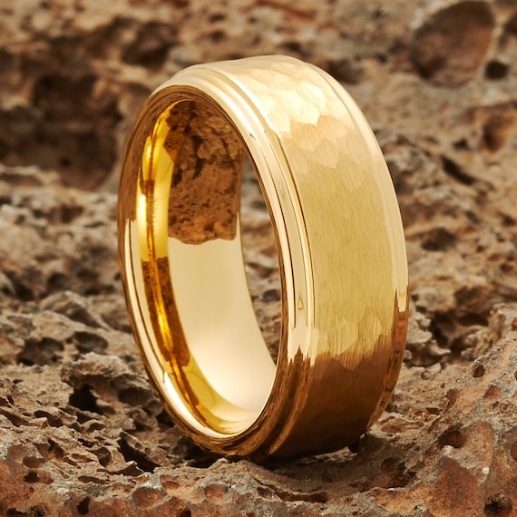 Mens Gold Wedding Band Vakki Hammered Tungsten Wedding Rings For