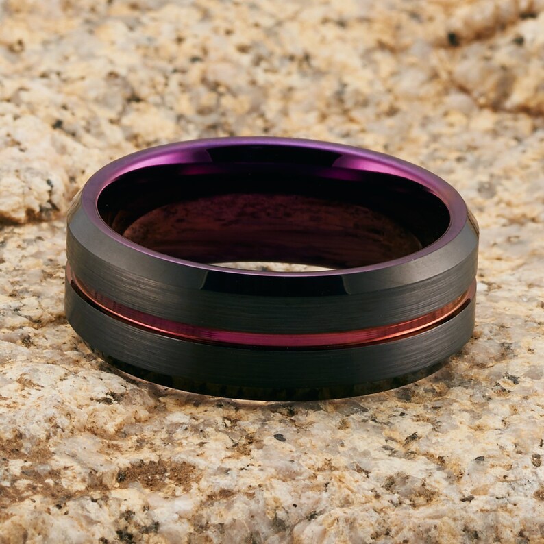 Purple Tungsten Ring Black Tungsten Ring Purple Wedding Etsy