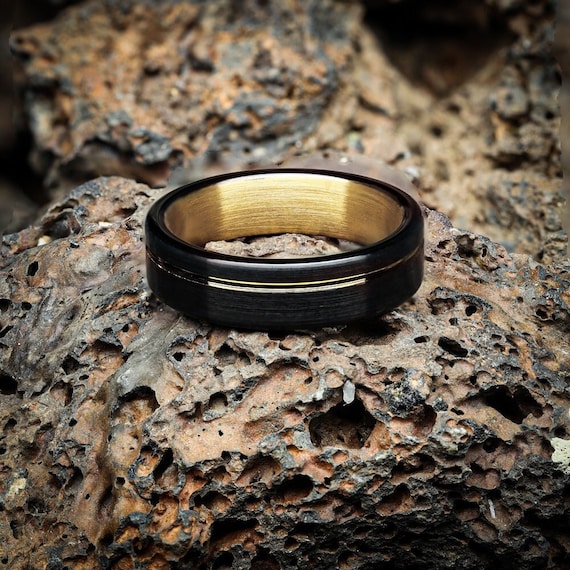 Yellow Gold Wedding Ring,black Tungsten Ring,tungsten Carbide Ring