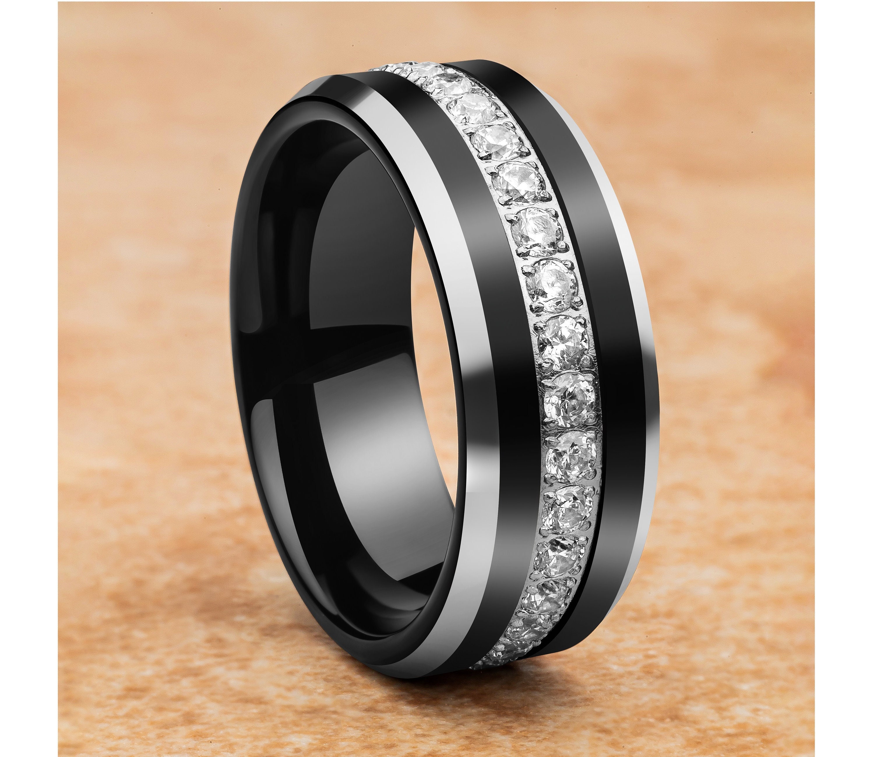 ブラックタングステン結婚指輪、8mm、タングステンカーバイドリング 