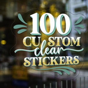 100 op maat gemaakte transparante vinylstickers. Uw op maat gemaakte transparante vinylstickers of stickers in elke vorm gesneden. Pak van 100 transparante stickers