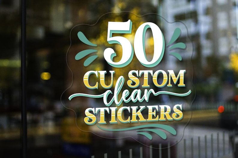 May include: A clear sticker with a yellow and white design. The sticker says "50 Custom clear Stickers".