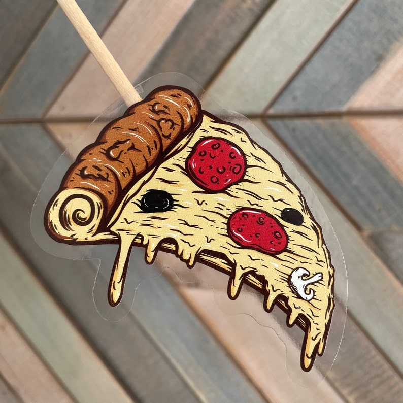 May include: A sticker of a cartoon pizza slice with pepperoni and black olives. The pizza is dripping with cheese and has a white mushroom on top.