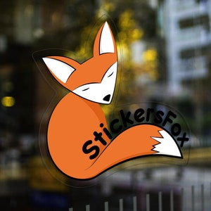 May include: A sticker featuring a cartoon orange fox curled up with its tail wrapped around its body. The text "StickersFox" is written in black on the sticker.