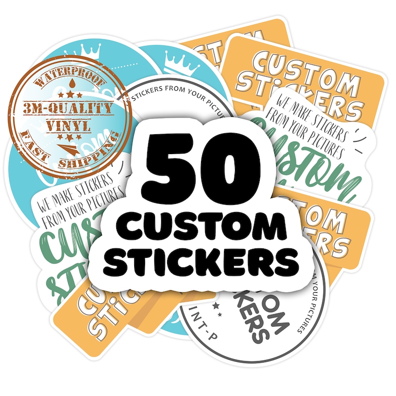 50 Custom Die Cut Vinyl Stickers Pack. Your custom vinyl sticker or decal cut to any shape. We make stickers from your pictures. 
