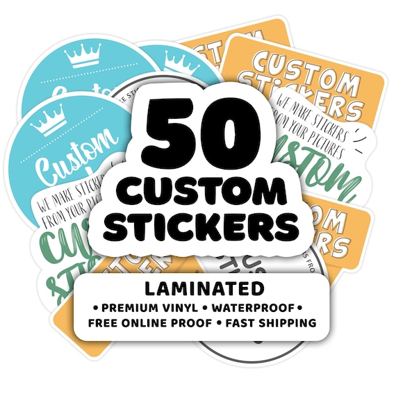 50 Custom Die-Cut Vinyl Stickers Pack - Laminated, Waterproof, Fast Shipping