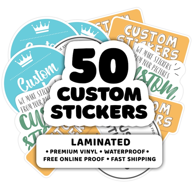 High-quality laminated waterproof custom stickers with vibrant designs, ideal for personalizing party invitations, costumes, notebooks, and gift wraps. Featured on Stickers Fox Etsy store.