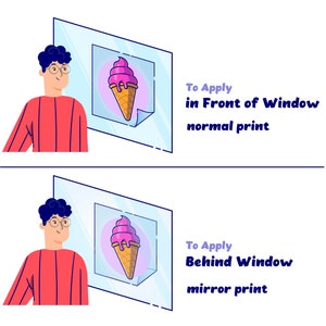 May include: Two illustrations showing how to apply a sticker to a window. The first illustration shows a person looking at a sticker of a pink ice cream cone with the text "To Apply in Front of Window normal print". The second illustration shows a person looking at a sticker of a pink ice cream cone with the text "To Apply Behind Window mirror print".