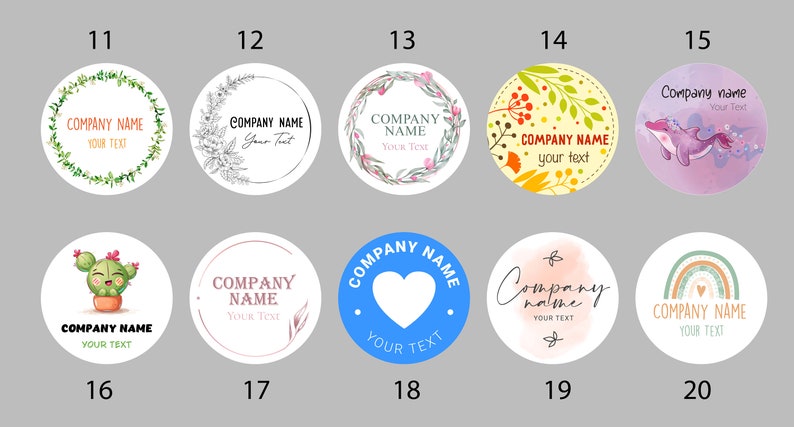 May include: Twenty different logo designs for a company. The logos feature various styles, including floral wreaths, cactus illustrations, hearts, rainbows, and watercolor designs. The text "COMPANY NAME" appears in each logo, along with the phrase "YOUR TEXT".