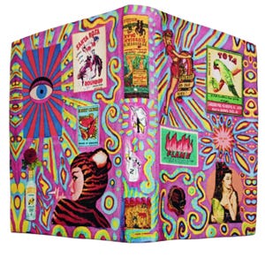 May include: A vibrant, psychedelic wallet featuring a collage of vintage-style posters and illustrations. The design incorporates a tiger-striped woman, a parrot, and the text "SANTA ROSA ROUNDUP". The color palette includes pink, blue, yellow, and red.