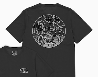Yosemite National Park Bear Sam Wild Camping Art Retro Hiking Travel Men Women Organic Minimal Tattoo T-shirt Tee Top Shirt Stipple Drawing