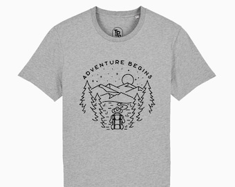 Adventure Begins, Mountain Themed T Shirt, Hiking Tees, Outdoor Shirts, Wilderness Graphic Tee, Cool Outdoors Print, Forest , Men , Women