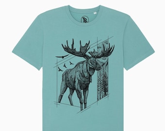 Moose Hiking Summer T-shirt Beach Gift Art Print Tee Top Shirt Drawing Camping Men Unisex Organic Cotton