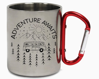 Adventure Awaits Road Trip Mountains Hiking Carabiner Vibes Grizzly Bear Travel Holiday Camping Adventure Coffee Tea Mug Gift Birthday