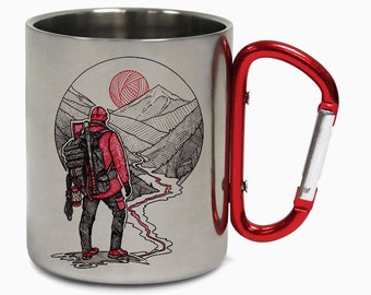 World Traveller Hiker Camping Mug Steel Cup Hiking Carabiner Travel Adventure Coffee Tea Mug Gift Birthday