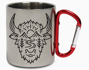 May include: A stainless steel travel mug with a red carabiner handle. The mug features a black and white line art design of a bison with a mountain range and a river inside its head.