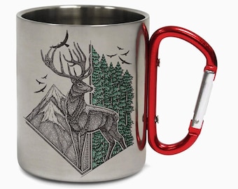 May include: A stainless steel travel mug with a red carabiner handle. The mug features a black and white line drawing of a deer standing in a forest with mountains in the background.