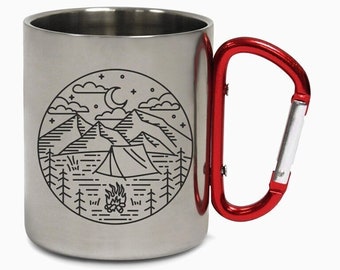 Camping Steel Cup Hiking Carabiner Travel Holiday Adventure Coffee Tea Mug Gift Birthday