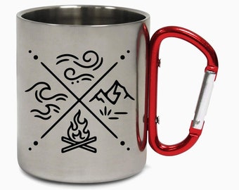 May include: A stainless steel camping mug with a red carabiner handle. The mug has a black and white design of four elements: wind, water, fire, and earth.