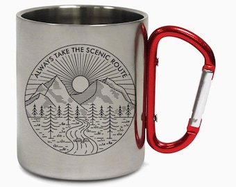 Always Take The Scenic Route Steel Carabiner Coffee Camping Mug Cup Road trip Hiking Travel