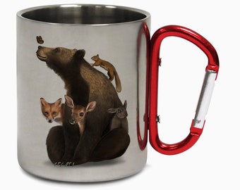 May include: A stainless steel travel mug with a red carabiner handle. The mug features a graphic of a brown bear with a squirrel, fox, deer, and rabbit surrounding it.