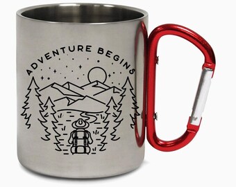 Adventure Begins Road Trip Mountains Hiking Carabiner Vibes Travel Holiday Camping Adventure Coffee Tea Mug Gift Birthday