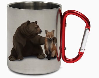 May include: A stainless steel travel mug with a red carabiner handle. The mug features a graphic of a brown bear gently touching a red fox.